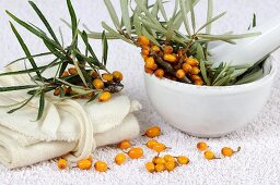 Sea buckthorn berries in mortar