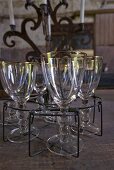 Empty wine glasses on table in Château de la Verrerie (France)