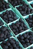 Brombeeren in Pappschälchen auf dem Markt