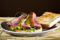 Roast duck breast with gherkin and lettuce on toast