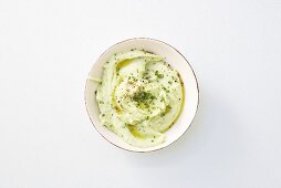 Mashed potato with chives and olive oil (overhead view)