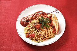 Spaghetti with tomatoes and lobster