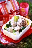 Chicken salad with bread in a plastic box for picnic