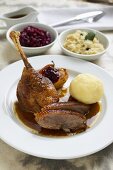 Roast goose with potato dumpling, red cabbage & sauerkraut