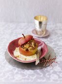 Baked apple with marzipan stuffing and custard