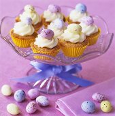 Cupcakes decorated with small Easter eggs
