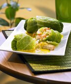 Savoy cabbage leaves stuffed with prawns
