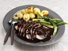 Roast pork with blackcurrant sauce & spring onions (Sweden)
