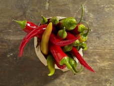 Fresh chillies in paper bag from above