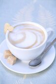 Cappuccino with heart-shaped biscuit and sugar cubes