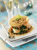 Tower of puff pastry, spinach and langostinos