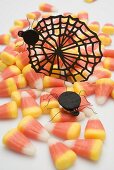 Candy corn, cobweb and spiders for Halloween