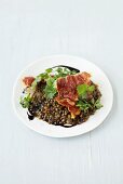 Balsamic lentils with fried ham and fresh coriander