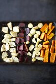 Roasted vegetables on a baking tray