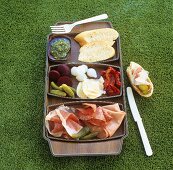 Cold cuts, pickled vegetables, pesto & baguette for picnic