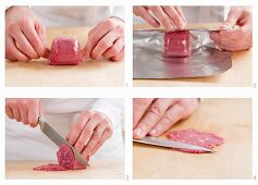 Steps for slicing frozen beef fillet thinly