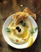 Hummus with Olive Oil and Bread; Overhead