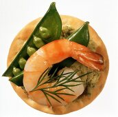 Cracker with Pea Pod and Shrimp