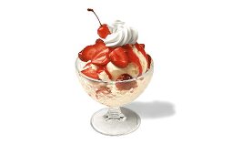 Strawberry sundae (vanilla ice cream with strawberries & cream)