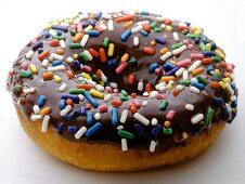 Doughnut with chocolate icing and coloured sugar sprinkles