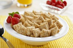 A Bowl of Miniature Shredded Wheat Cereal with Strawberries