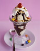 Hot Fudge Sundae with M&Ms and a Cherry