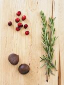 Chestnuts, Cranberries and Rosemary on Wood