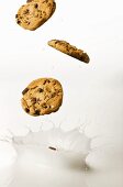 Chocolatechip Cookies fallen in Milch