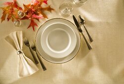 Autumn Place Setting with Fall Leaves; From Above