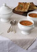 Two Bowls of Tomato Soup with Chiabatta Bread