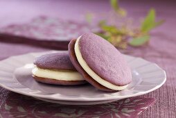 Two Lavender Whoopie Pies on a Purple Plate