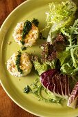 Baked Goat Cheese Disks with Mixed Green Salad; From Above