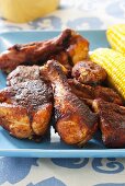 Platter of Dry Rub Barbecue Chicken with Corn on the Cob