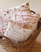 A basket of decorative cushions