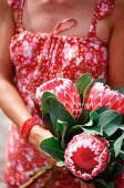 A woman holding a bunch of protea flowers