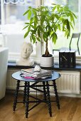 Black side table in front of a window seat with houseplants and a bust