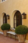 Planters and a bench in front of arched windows in a Mediterranean facade