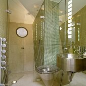 A designer bathroom - stainless steel basin and toilet in front of a mirror with mosaic tile in the shower cubicle