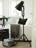 View through an open door of a black photo lamp and metal basket in front of a white sofa with a black and white throw blanket