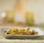 Swedish apple cake (Äppelflarn) with walnut and honey