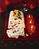 Ice cream terrine with white chocolate and cranberries