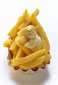 French Fries in Red Fast Food Box with Mayonnaise