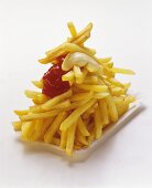 French Fries on a Paper Plate with Ketchup and Mayonnaise