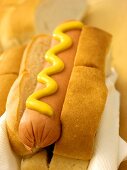 Hot Dog mit Senf in Serviette