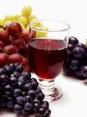 Glas Rotwein und verschiedene Traubensorten