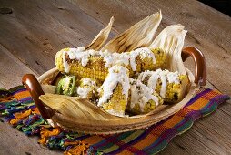 Grill Corn with Crumbled Cheese and Cream (Elote Fresco)