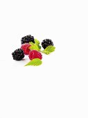 Blackberries and raspberries with leaves