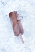 Chocolate ice cream between ice cubes