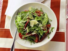 Cress salad with tomatoes, asparagus and parmesan