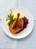 Ente mit Rotkohl, Kartoffelknödel, Lorbeer und Beifuss